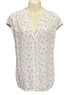 Harris Wilson white flamingo print viscose button down short sleeve blouse Large